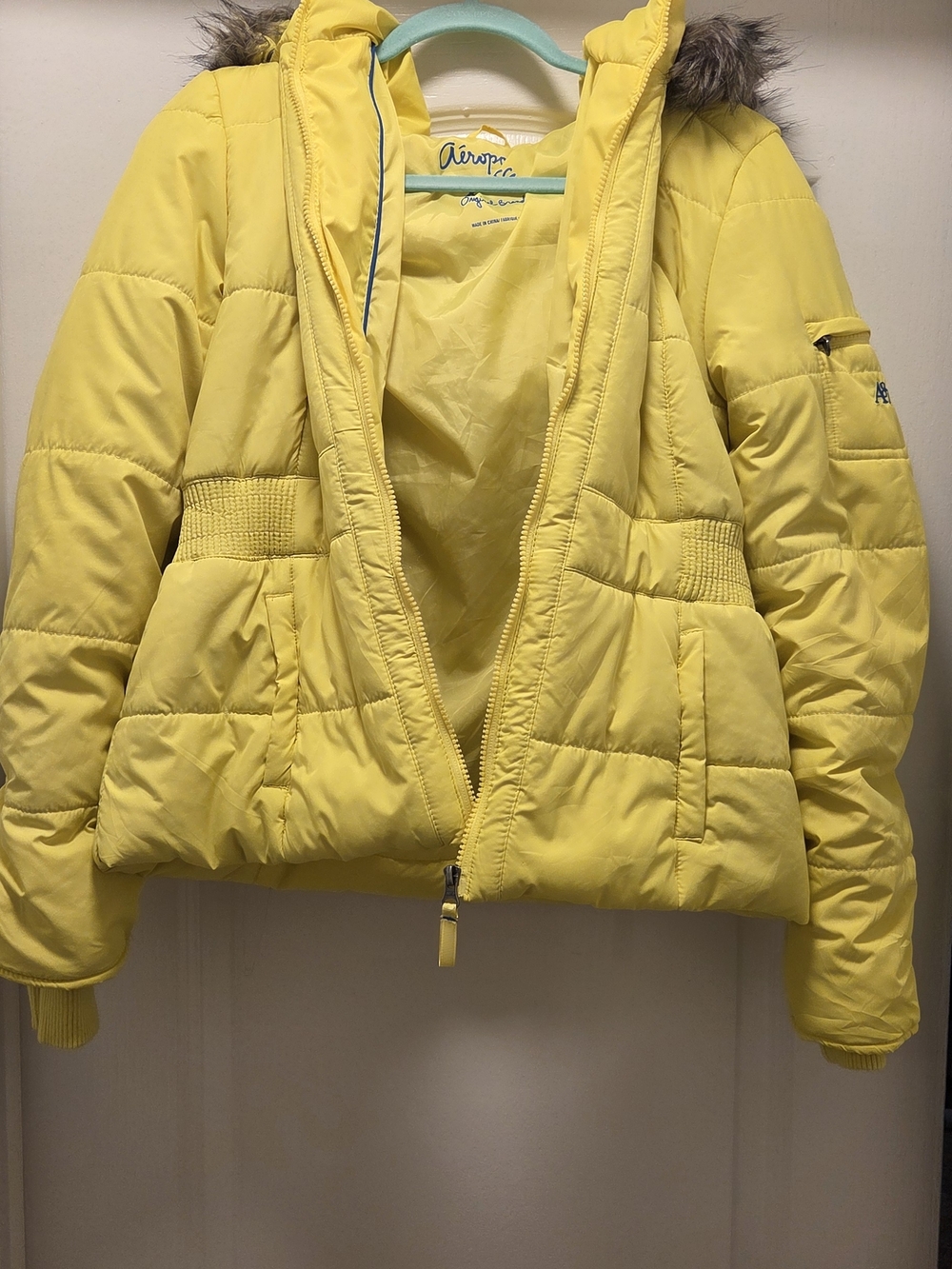 Aeropostale Neon Yellow Puffer Ski Jacket with Faux Fur Removable Trim